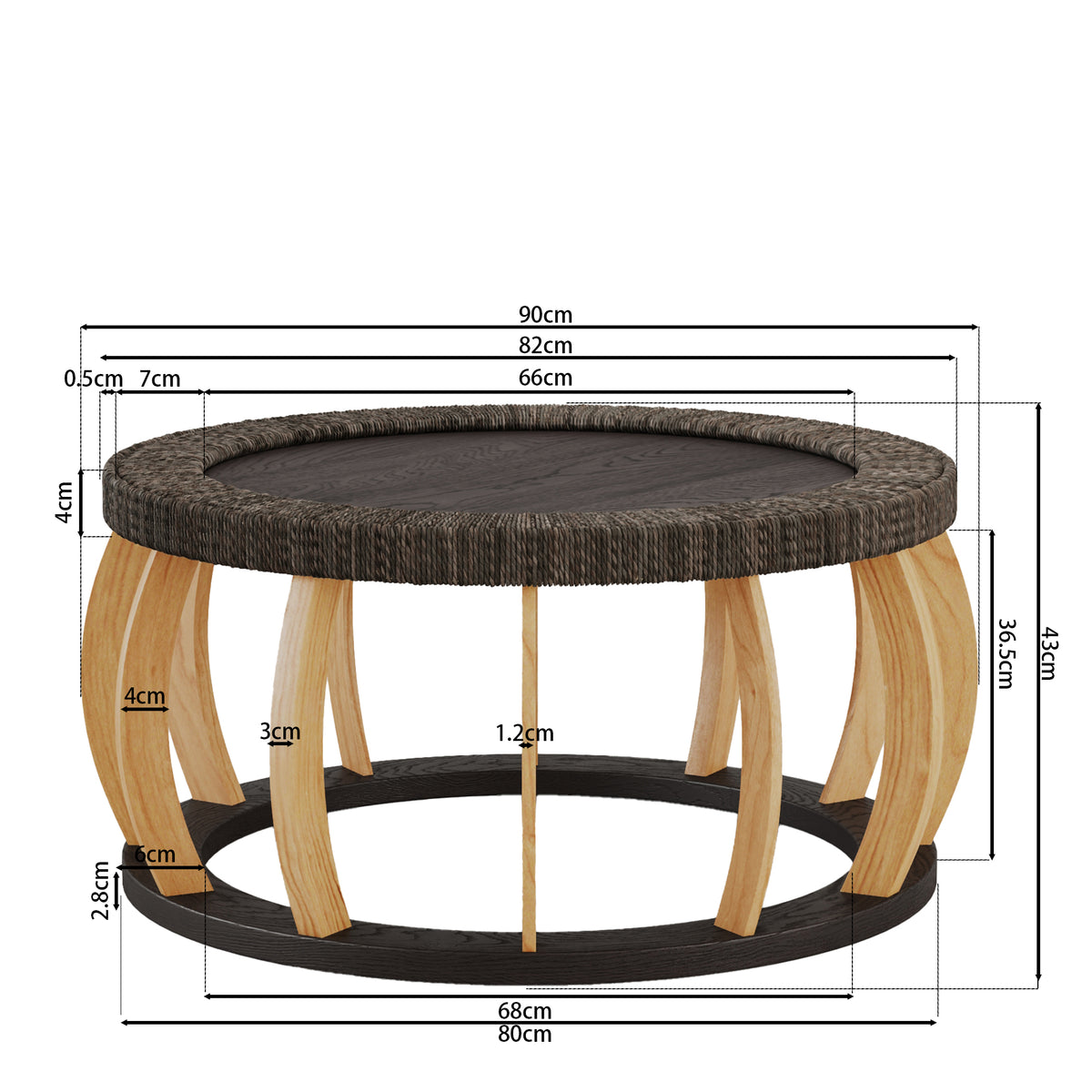 Mesa de café redonda de madera sólida con mimbre vintage, patas curvas, acento boho para el comedor, la cocina y la sala de estar, Negro Marrón