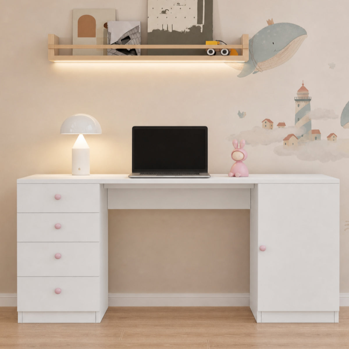 Mesa de escritorio, mesa de trabajo, mesa de computadora, con 4 cajones y una superficie de almacenamiento, muebles para niños, mesa de estudio con espacio de almacenamiento, empuñaduras de cerámica rosa, 155*45*74 cm, Blanco