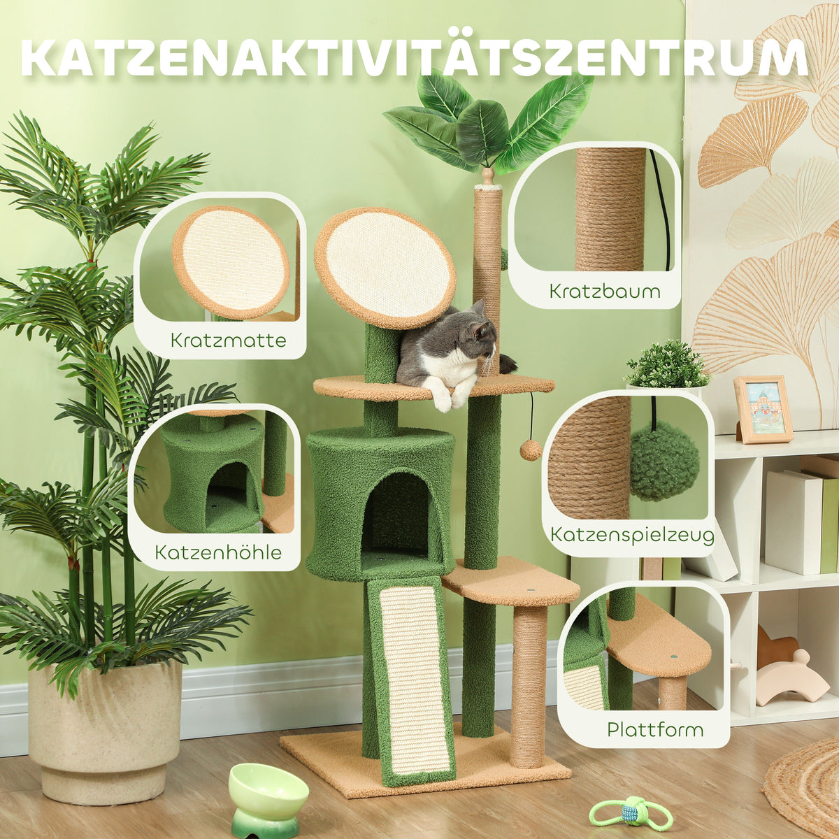 Arbol de gatos de 139 cm con cueva para gatos, pelota de juego, árbol de gatos con postes de rascar, para gatos de hasta 5 kg, color verde