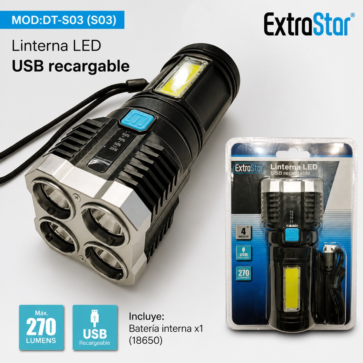 ExtroStar USB-wiederaufladbare LED-Taschenlampe