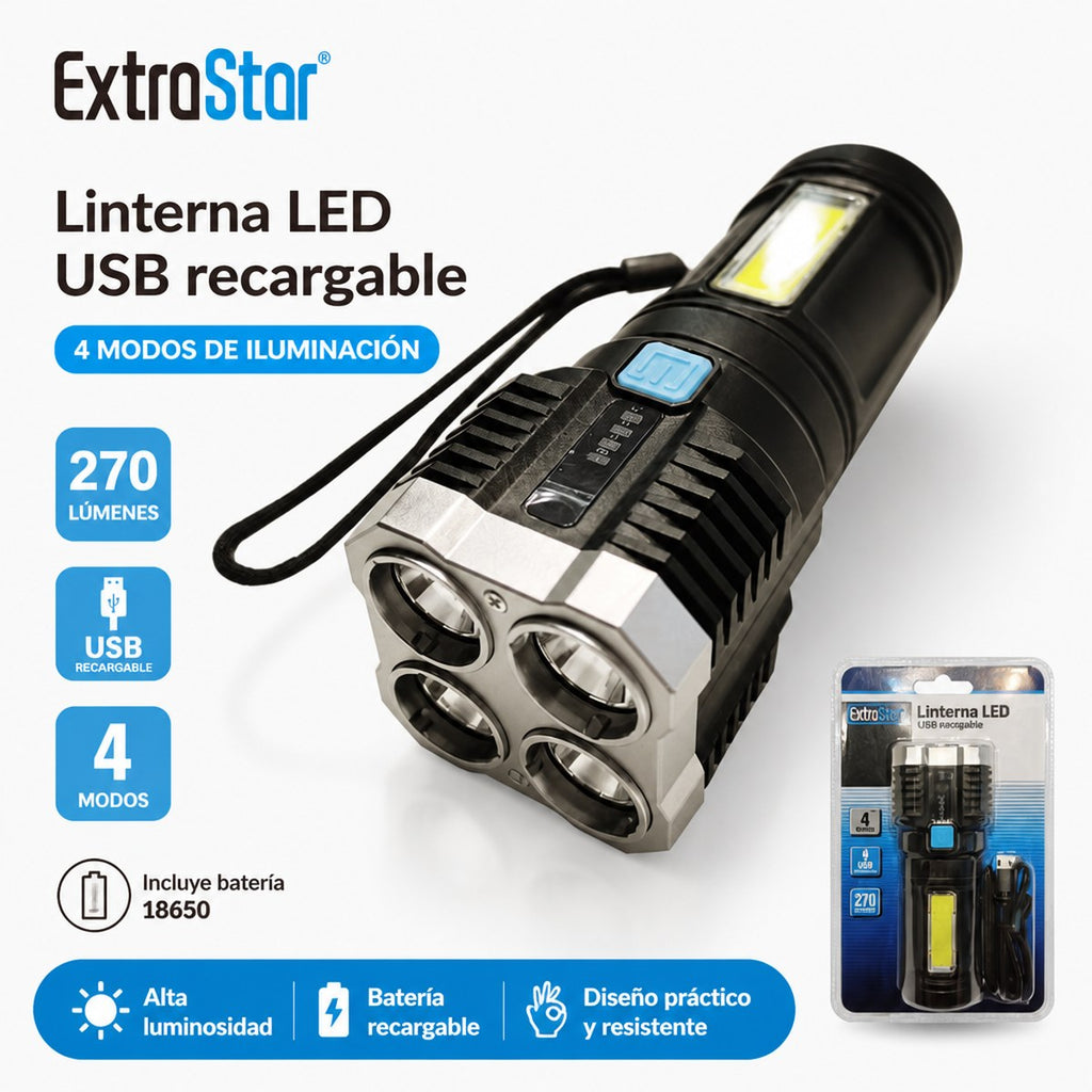 ExtroStar USB-wiederaufladbare LED-Taschenlampe
