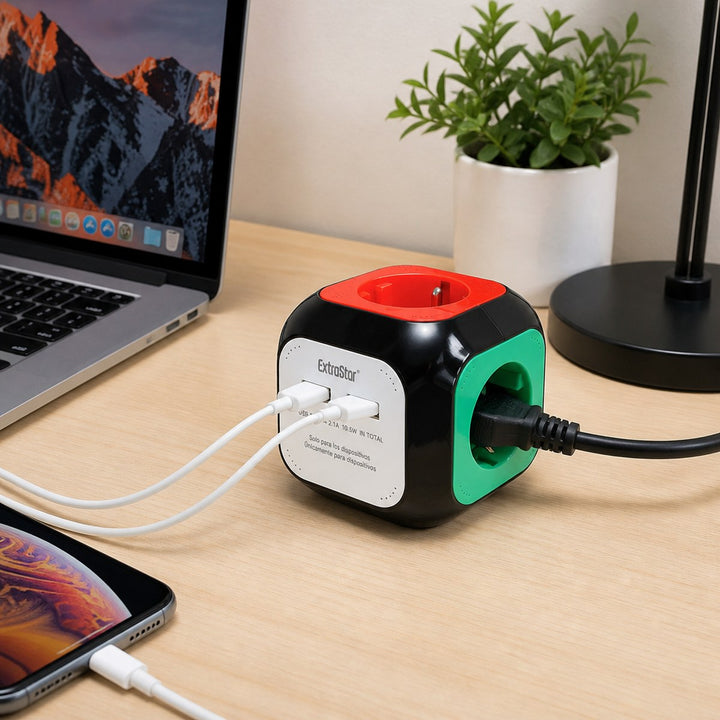 ExtraStar Steckdosenleiste Cube | 4 Steckdosen + 2 USB | 1,5 m Kabel | Zuhause und Büro