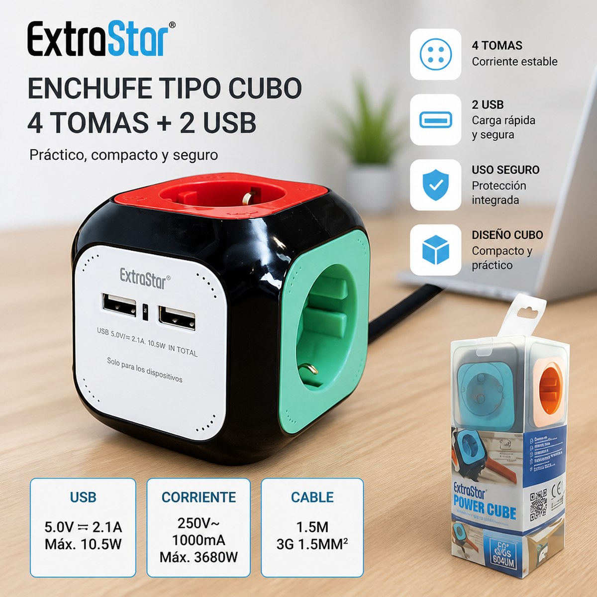 ExtraStar Steckdosenleiste Cube | 4 Steckdosen + 2 USB | 1,5 m Kabel | Zuhause und Büro