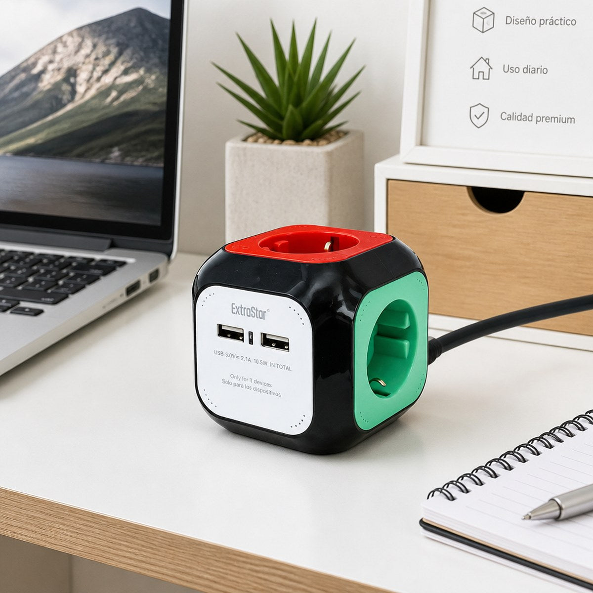 ExtraStar Steckdosenleiste Cube | 4 Steckdosen + 2 USB | 1,5 m Kabel | Zuhause und Büro