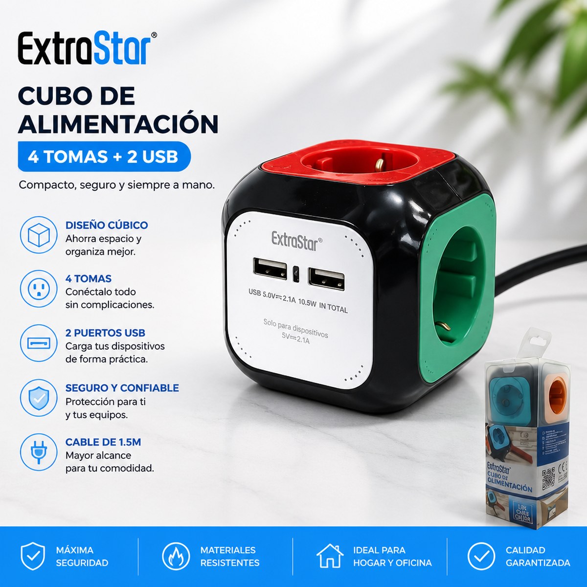 ExtraStar Steckdosenleiste Cube | 4 Steckdosen + 2 USB | 1,5 m Kabel | Zuhause und Büro