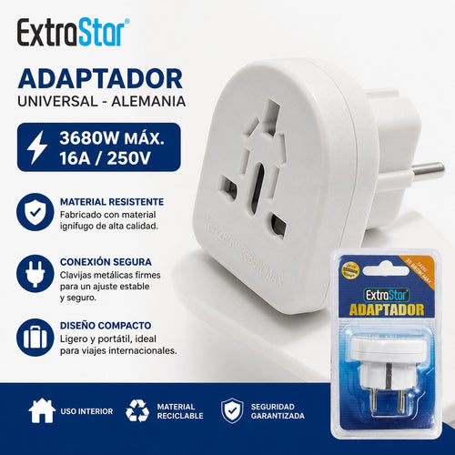 Universaladapter auf deutschen Stecker | 16A / 250V / 3680W | Reisen und Zuhause | Nur für Innenräume