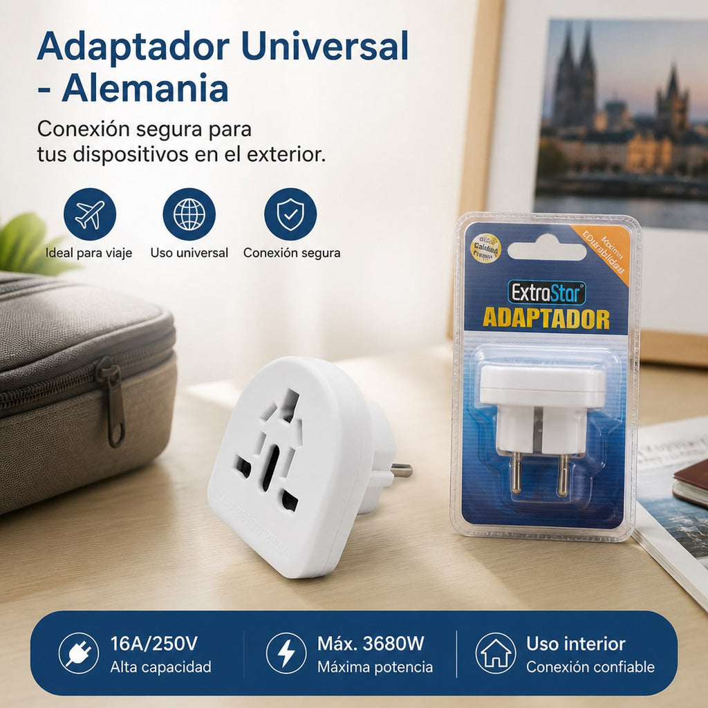 Universaladapter auf deutschen Stecker | 16A / 250V / 3680W | Reisen und Zuhause | Nur für Innenräume