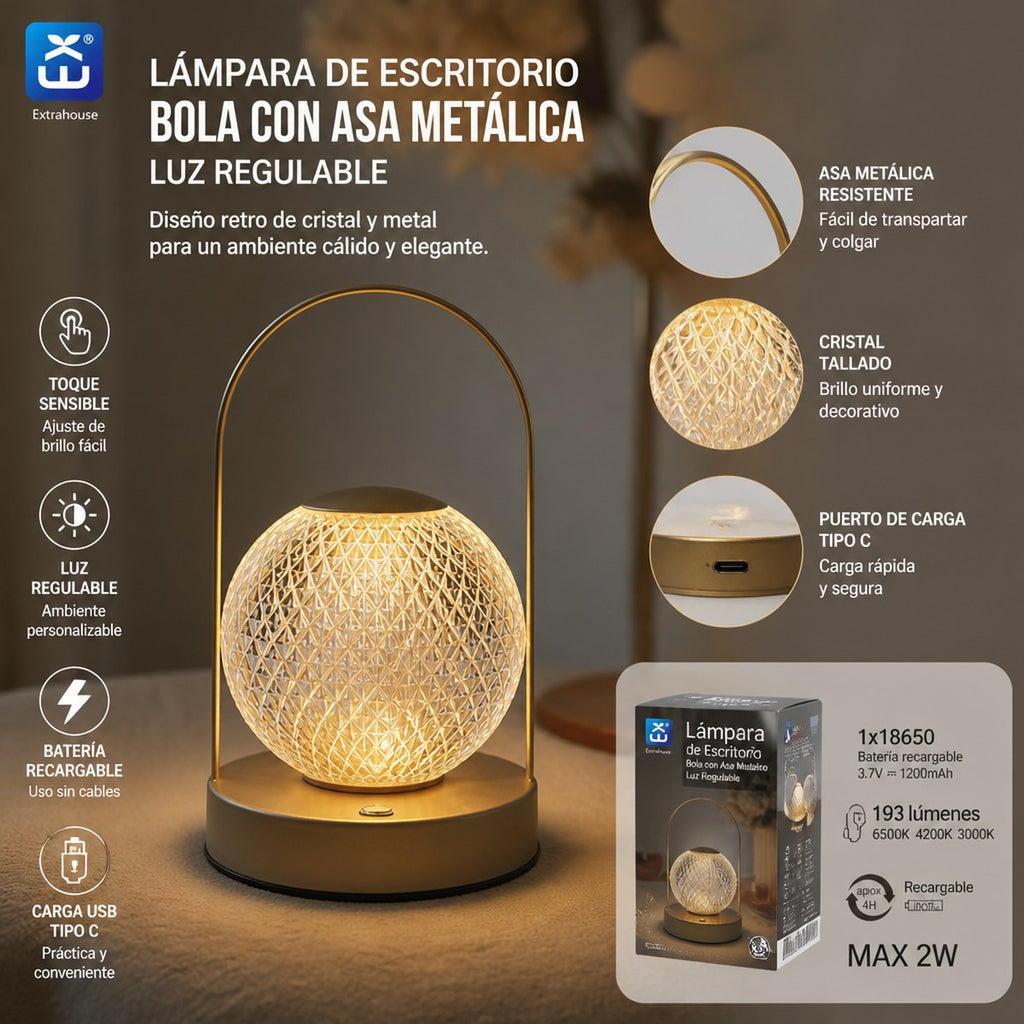 Extrahouse ASL721 LED-Tischleuchte | Retro Glaskugel | Berührungsdimmbar | USB-C
