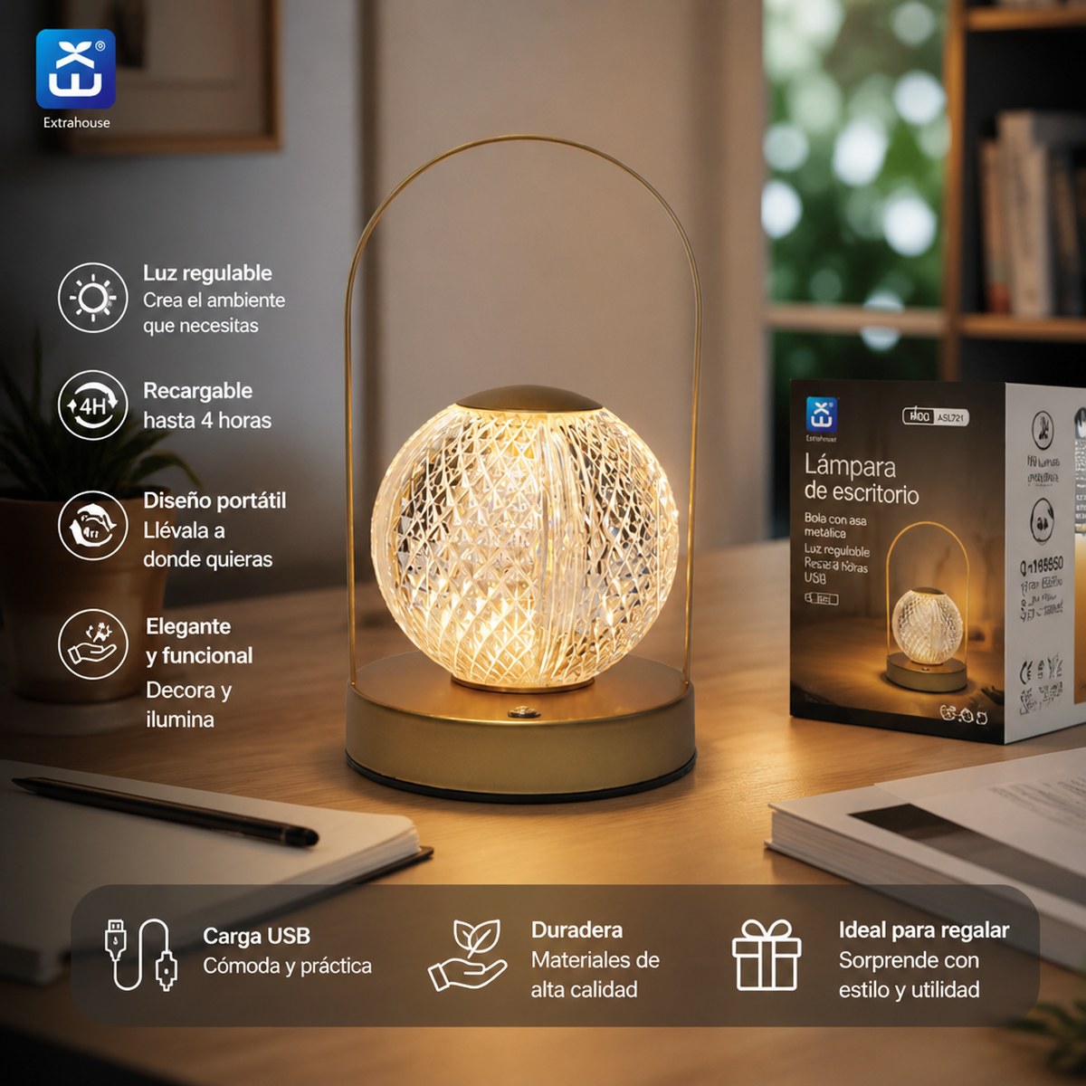Extrahouse ASL721 LED-Tischleuchte | Retro Glaskugel | Berührungsdimmbar | USB-C