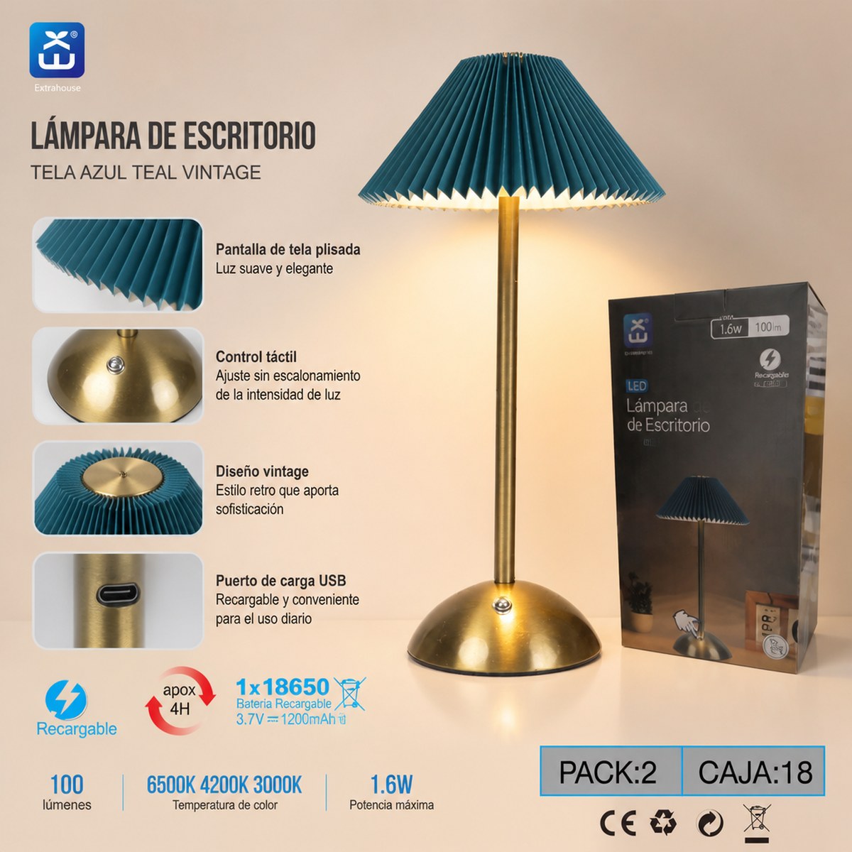 Vintage plissierte wiederaufladbare Schreibtischlampe – Petrolblau