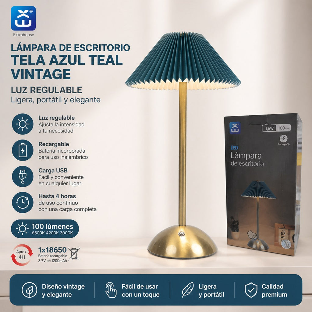 Vintage plissierte wiederaufladbare Schreibtischlampe – Petrolblau