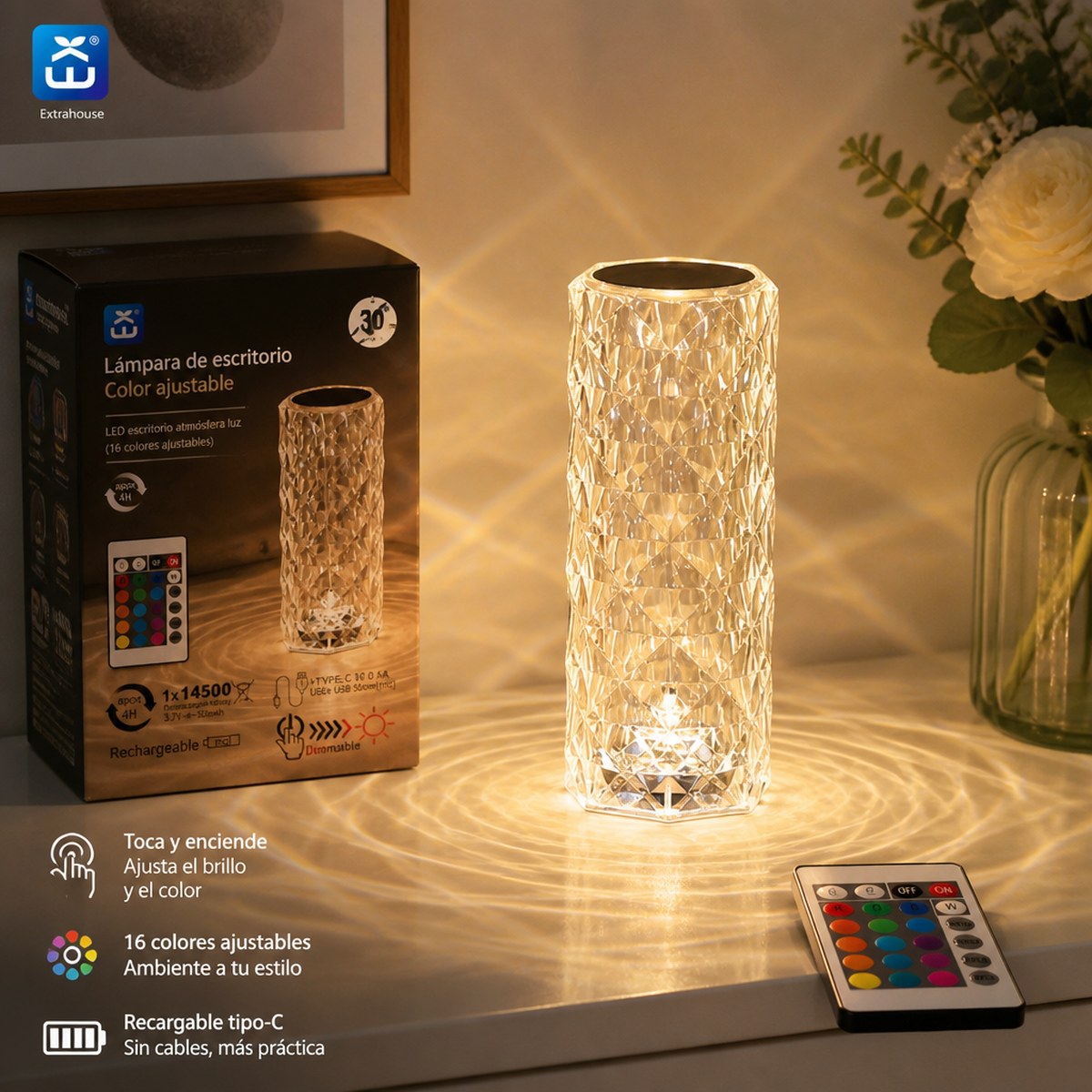Große wiederaufladbare RGB-LED-Schreibtischlampe mit Kristalleffekt und Fernbedienung