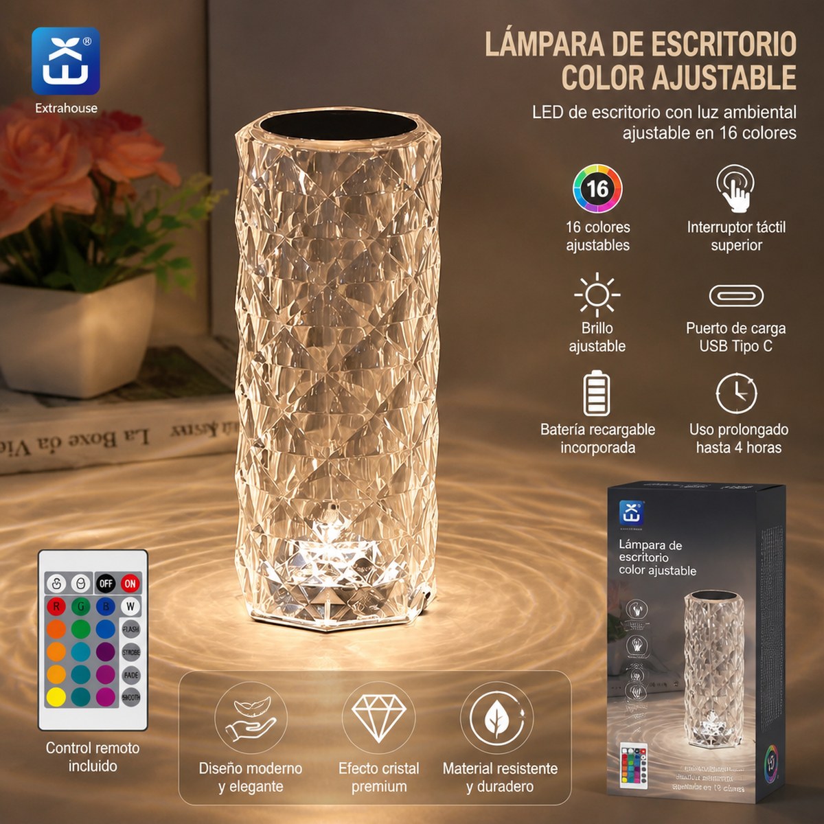 Große wiederaufladbare RGB-LED-Schreibtischlampe mit Kristalleffekt und Fernbedienung
