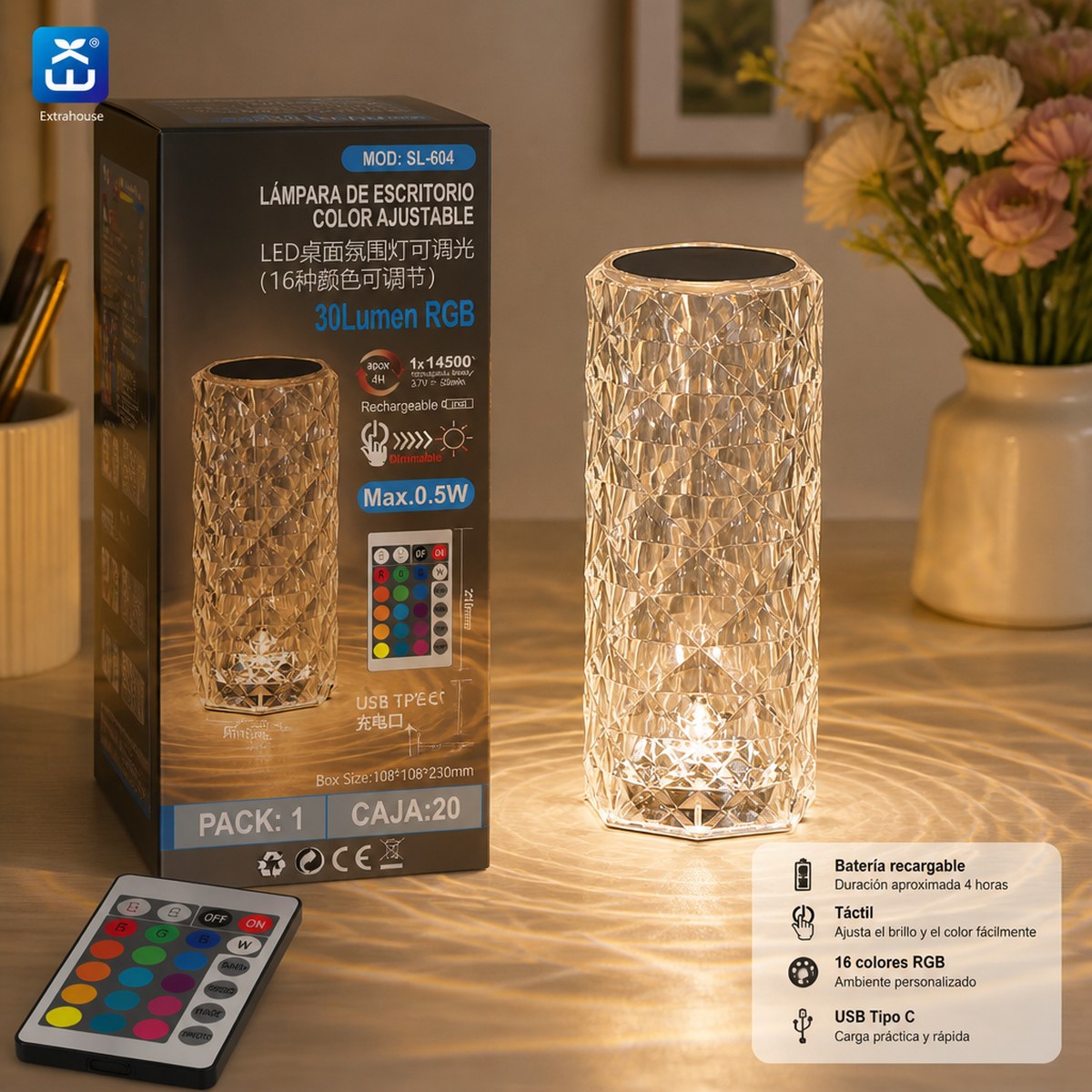 Große wiederaufladbare RGB-LED-Schreibtischlampe mit Kristalleffekt und Fernbedienung
