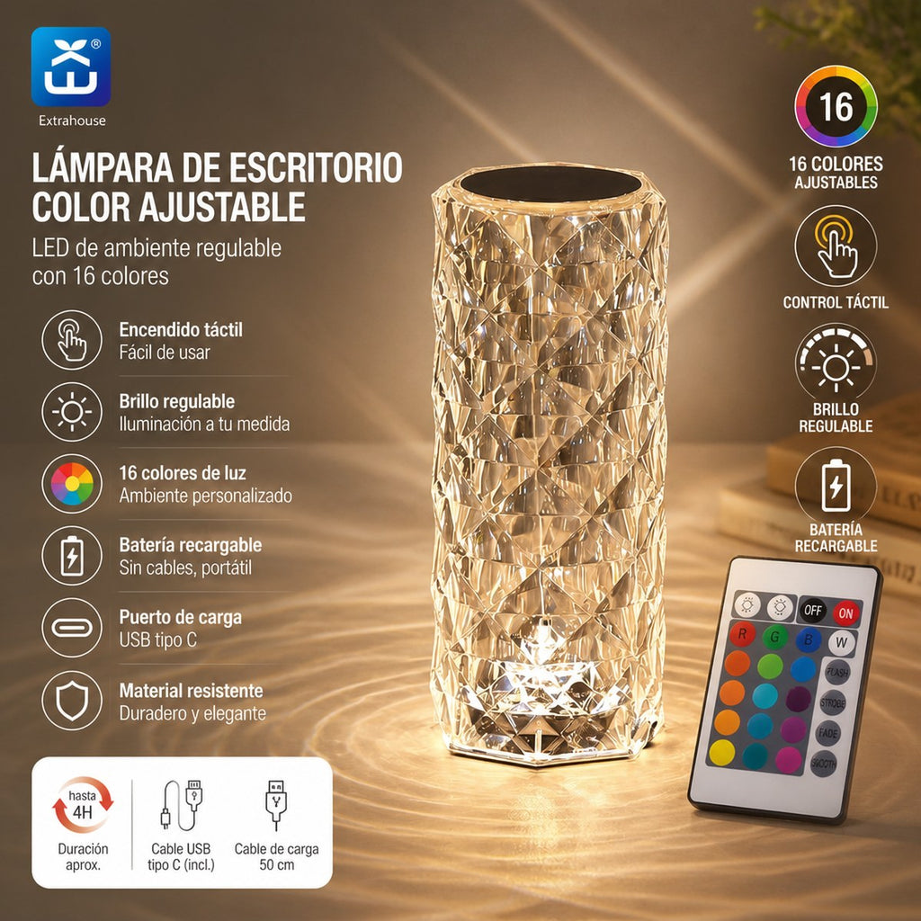 Große wiederaufladbare RGB-LED-Schreibtischlampe mit Kristalleffekt und Fernbedienung