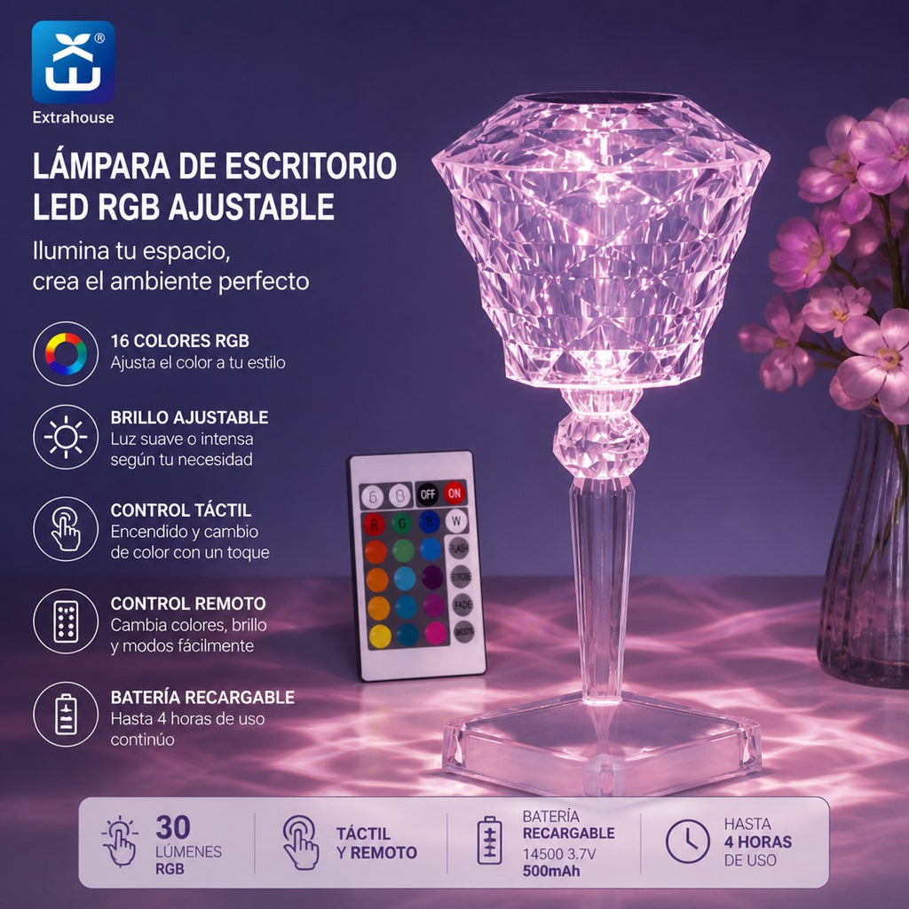 Extrahouse RGB Kristall-LED-Tischleuchte, Fernbedienung & Touch-Steuerung