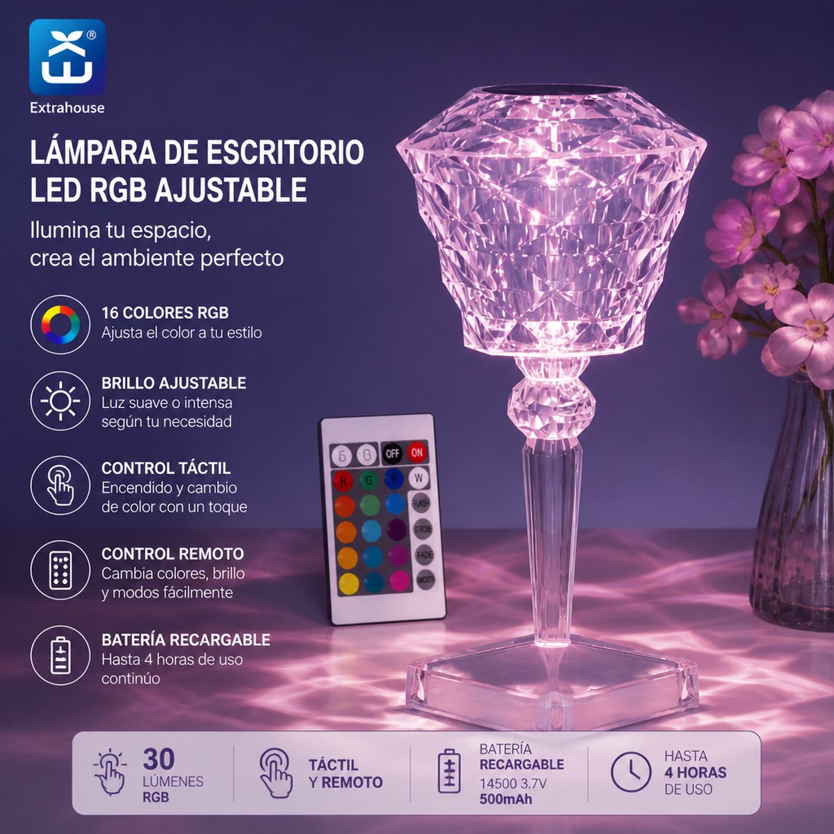 Extrahouse RGB Kristall-LED-Tischleuchte, Fernbedienung & Touch-Steuerung