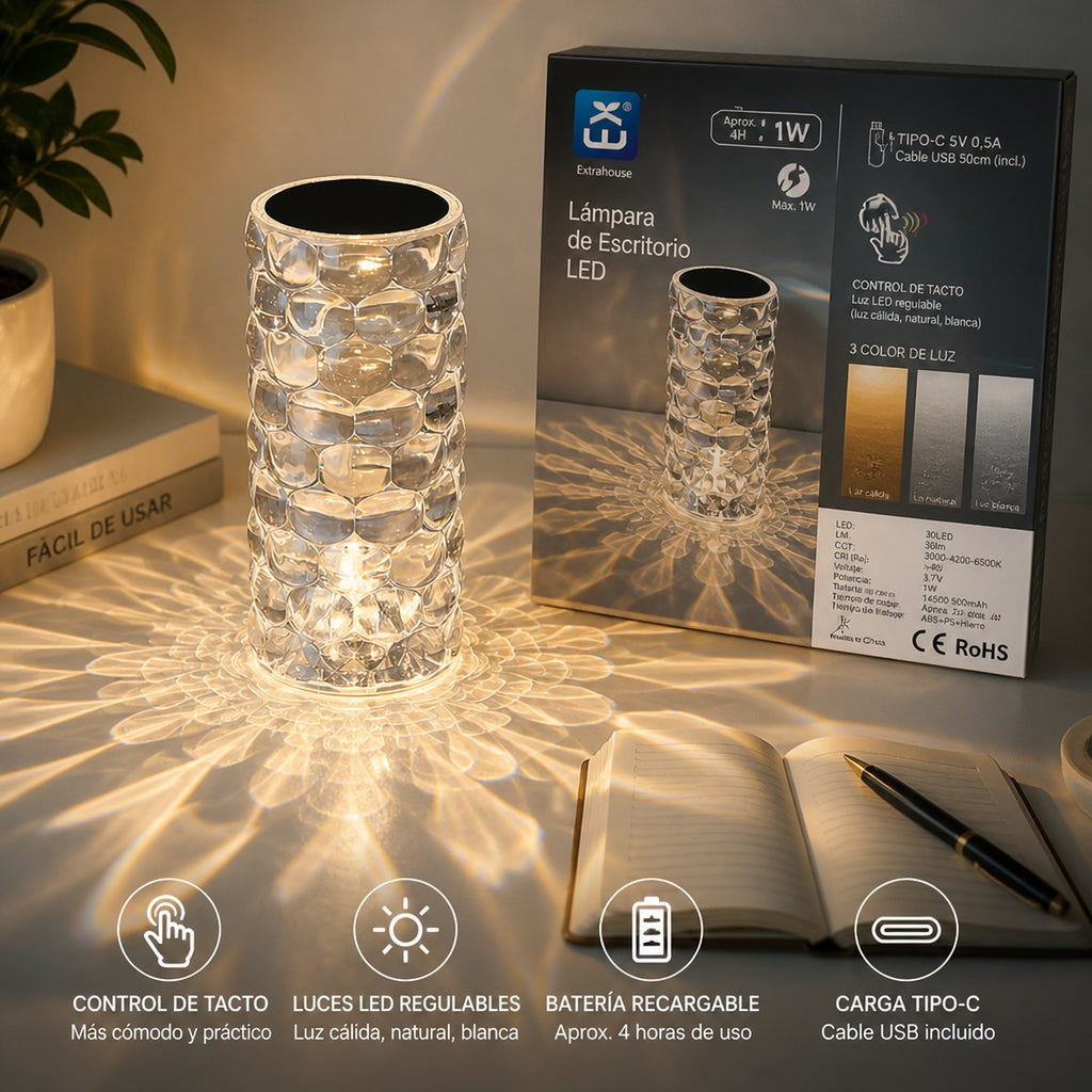 Wiederaufladbare LED-Schreibtischlampe mit Kristalleffekt und einstellbarer Farbe