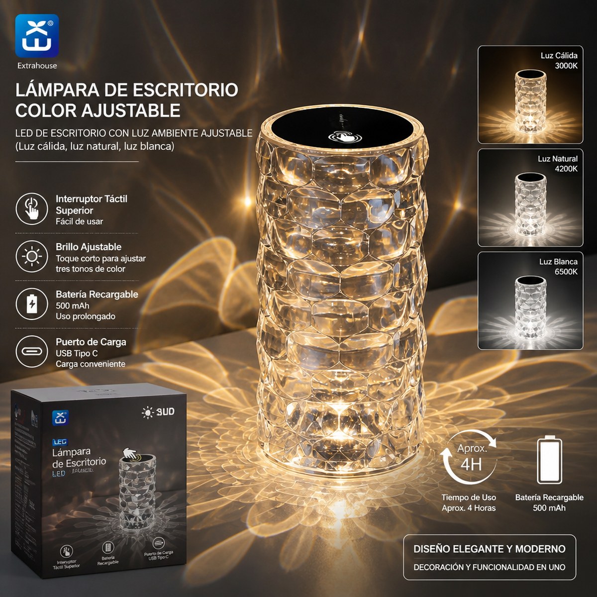 Wiederaufladbare LED-Schreibtischlampe mit Kristalleffekt und einstellbarer Farbe