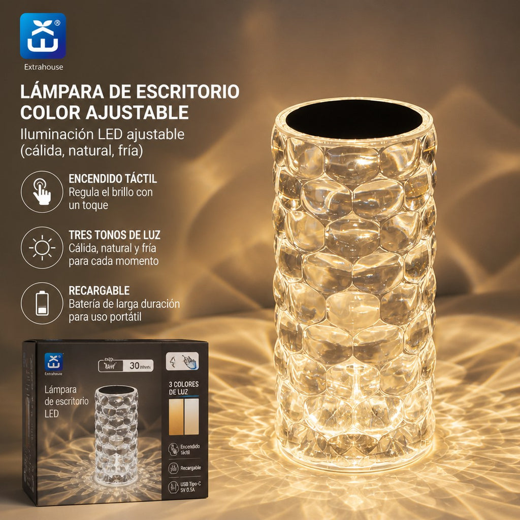Wiederaufladbare LED-Schreibtischlampe mit Kristalleffekt und einstellbarer Farbe