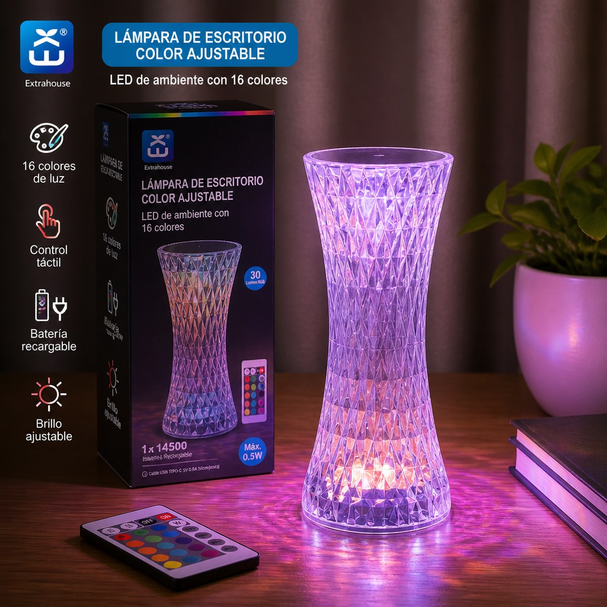 Wiederaufladbare RGB-LED-Tischlampe mit Kristalleffekt und Fernbedienung