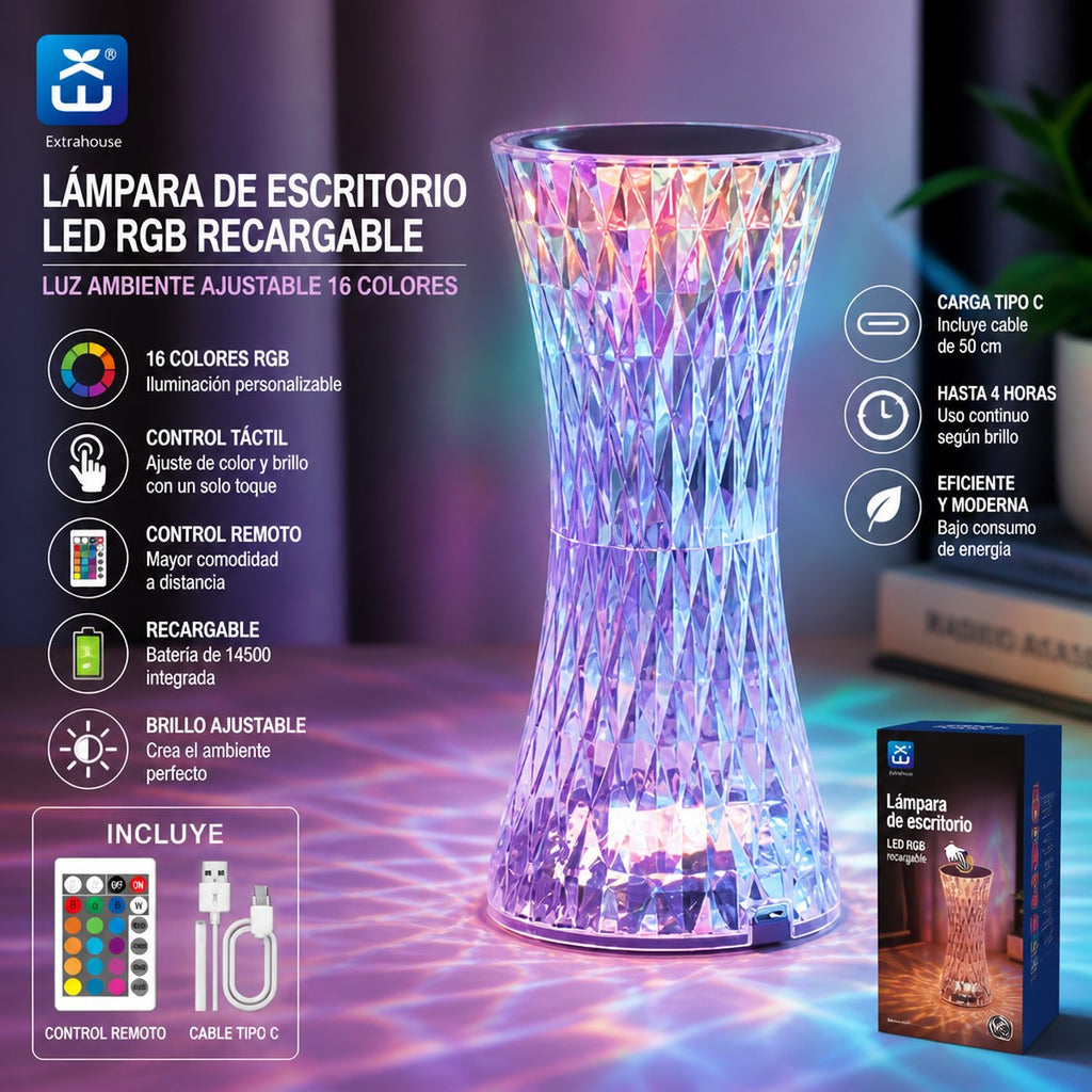 Wiederaufladbare RGB-LED-Tischlampe mit Kristalleffekt und Fernbedienung