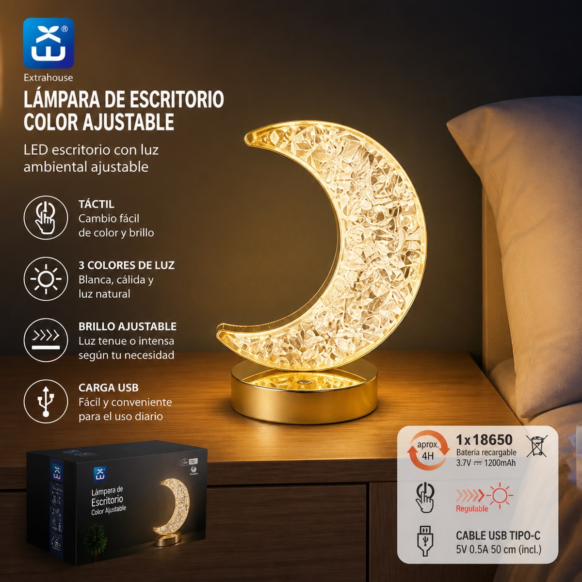 Extrahouse Crescent Moon Kristall LED Tischlampe, 3-farbig dimmbar per Berührung