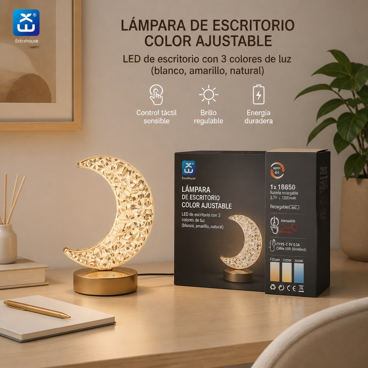 Extrahouse Crescent Moon Kristall LED Tischlampe, 3-farbig dimmbar per Berührung