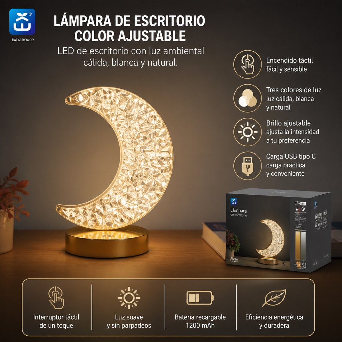 Extrahouse Crescent Moon Kristall LED Tischlampe, 3-farbig dimmbar per Berührung