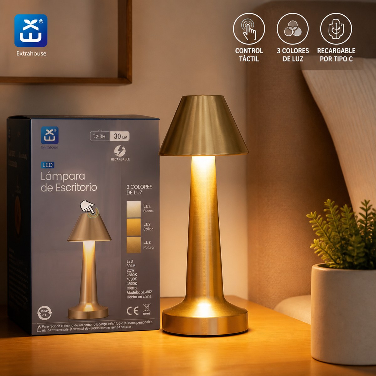 Extrahouse LED-Tischleuchte, wiederaufladbar, 3-Farben-Touch-Steuerung