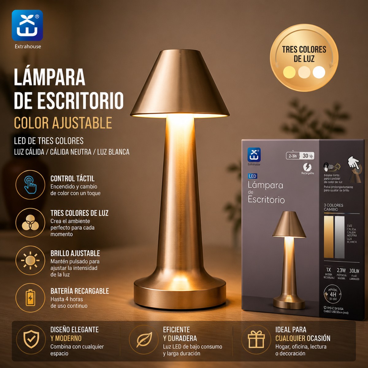 Extrahouse LED-Tischleuchte, wiederaufladbar, 3-Farben-Touch-Steuerung