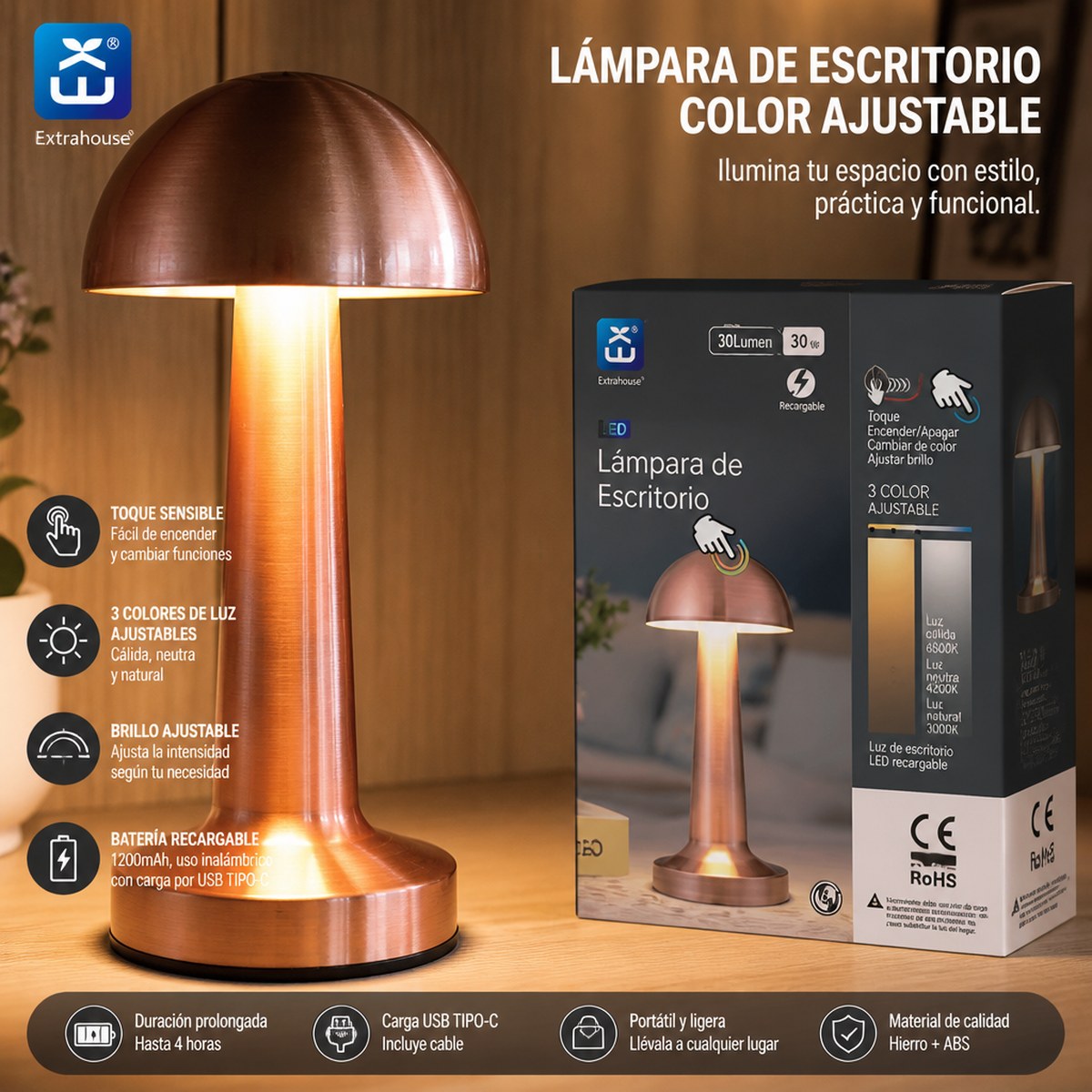 Wiederaufladbare LED-Schreibtischlampe mit einstellbarer Farbtemperatur