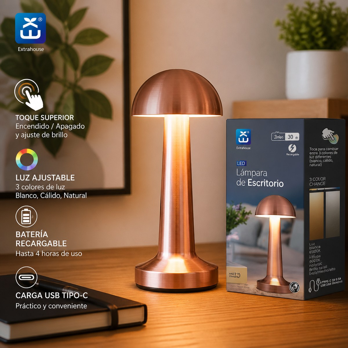 Wiederaufladbare LED-Schreibtischlampe mit einstellbarer Farbtemperatur