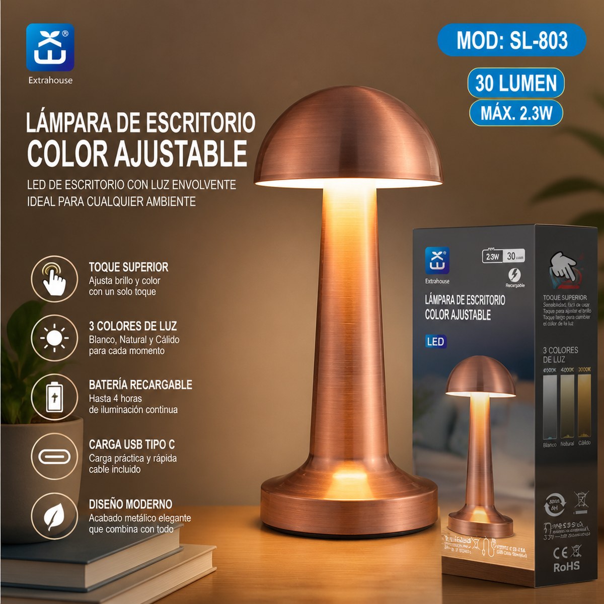 Wiederaufladbare LED-Schreibtischlampe mit einstellbarer Farbtemperatur