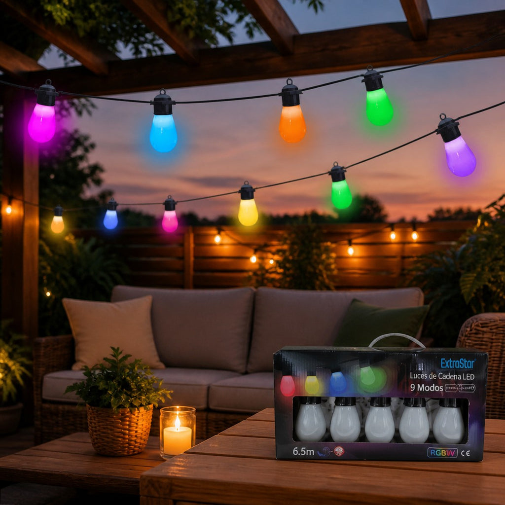 ExtraStar RGBW LED Lichterkette | 6,5 m | 10 Lampen | 9 Modi | Innen- und Außenbereich