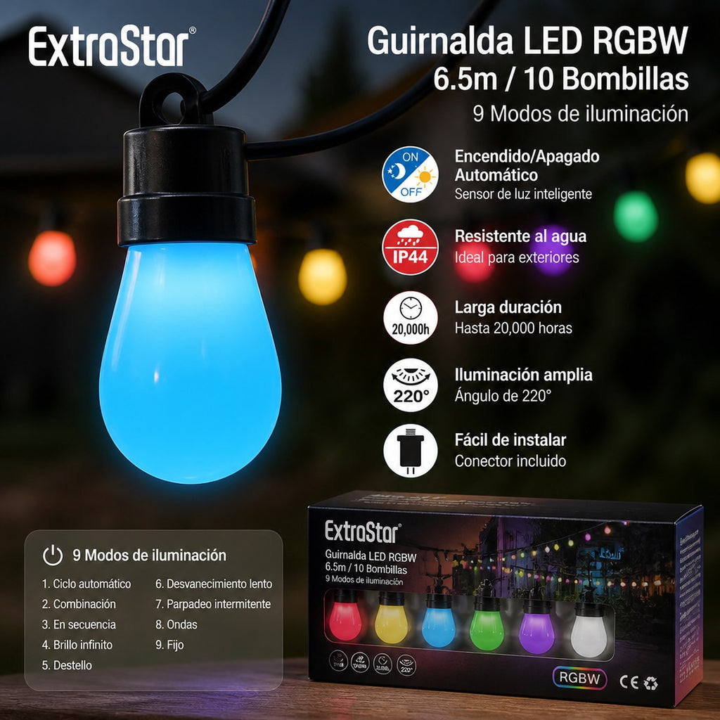 ExtraStar RGBW LED Lichterkette | 6,5 m | 10 Lampen | 9 Modi | Innen- und Außenbereich