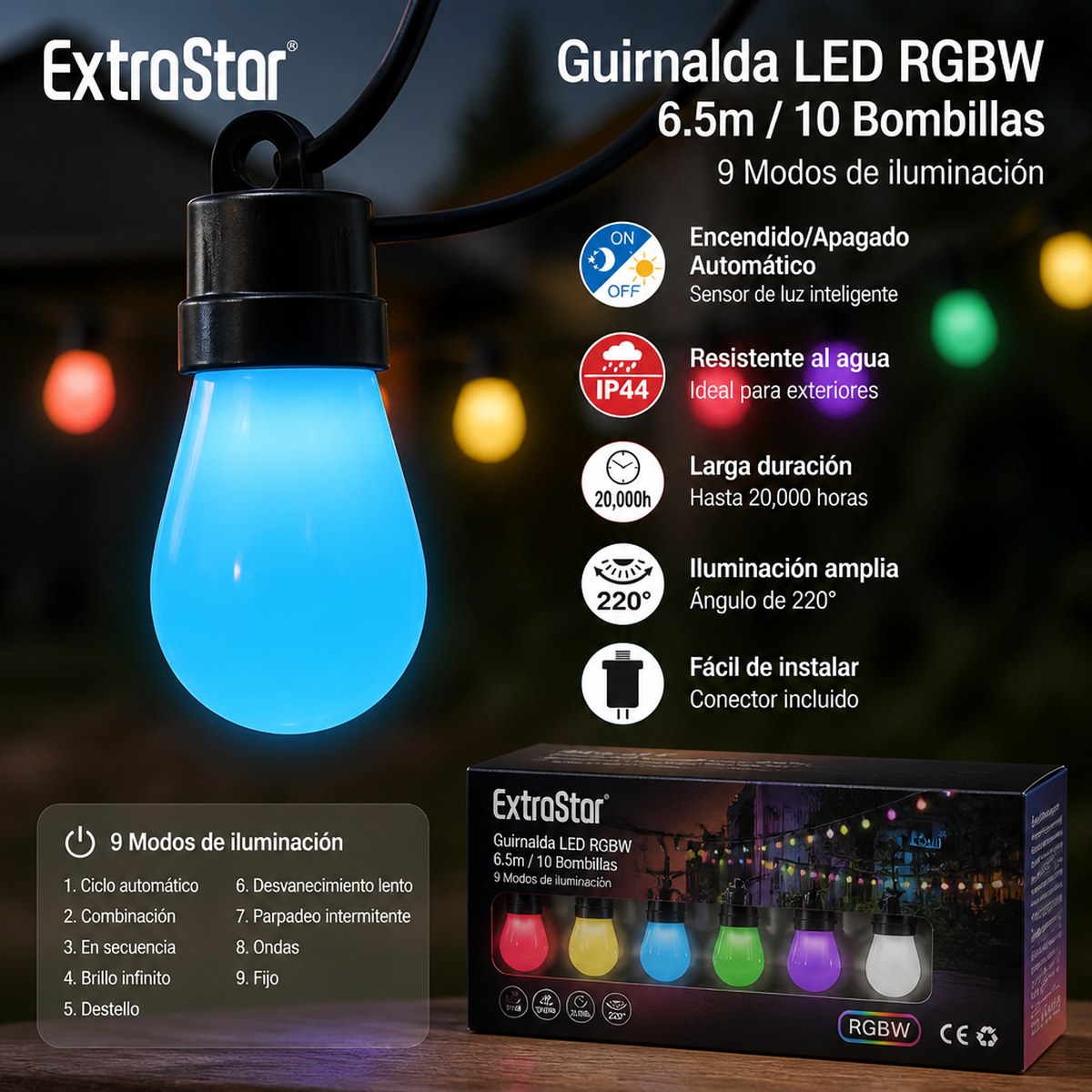 ExtraStar RGBW LED Lichterkette | 6,5 m | 10 Lampen | 9 Modi | Innen- und Außenbereich