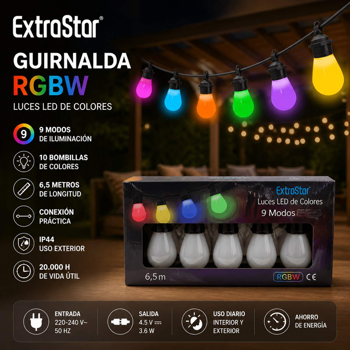 ExtraStar RGBW LED Lichterkette | 6,5 m | 10 Lampen | 9 Modi | Innen- und Außenbereich