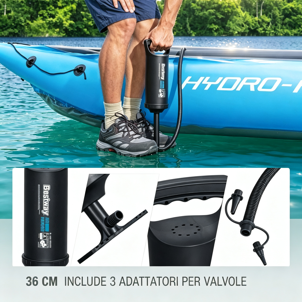 Bestway Hydro-Force Handpumpe 36 cm | Kajak, SUP und aufblasbare Produkte | 3 Ventiladapter