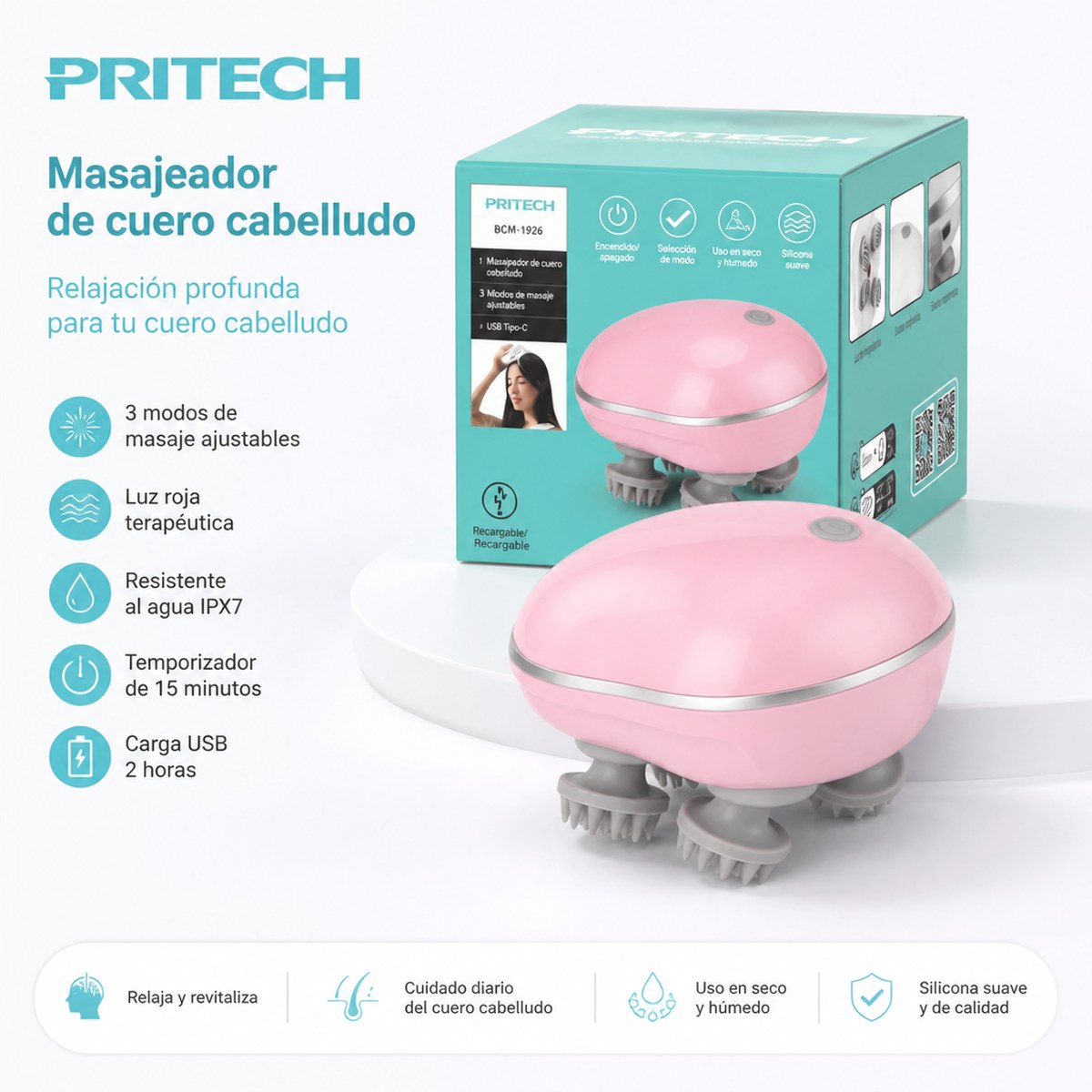 PRITECH Elektrisches Kopfhautmassagegerät | Rotlicht | IPX7 | 3 Modi