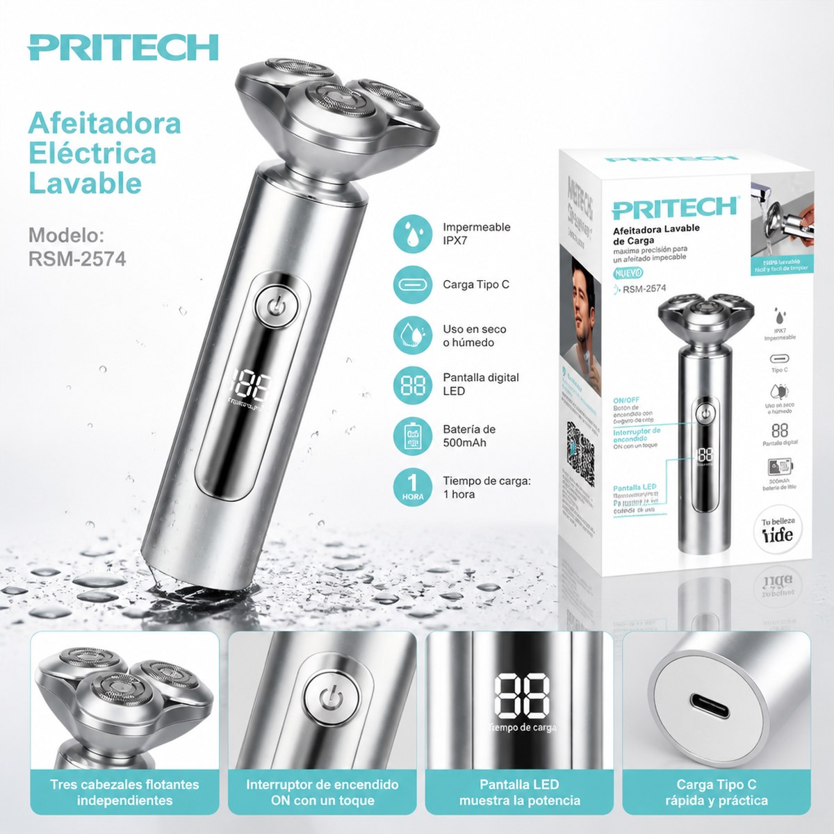 Elektrorasierer Pritech RSM-2574 abwaschbar | 3 schwimmende Scherköpfe | Digitalanzeige | Aluminium