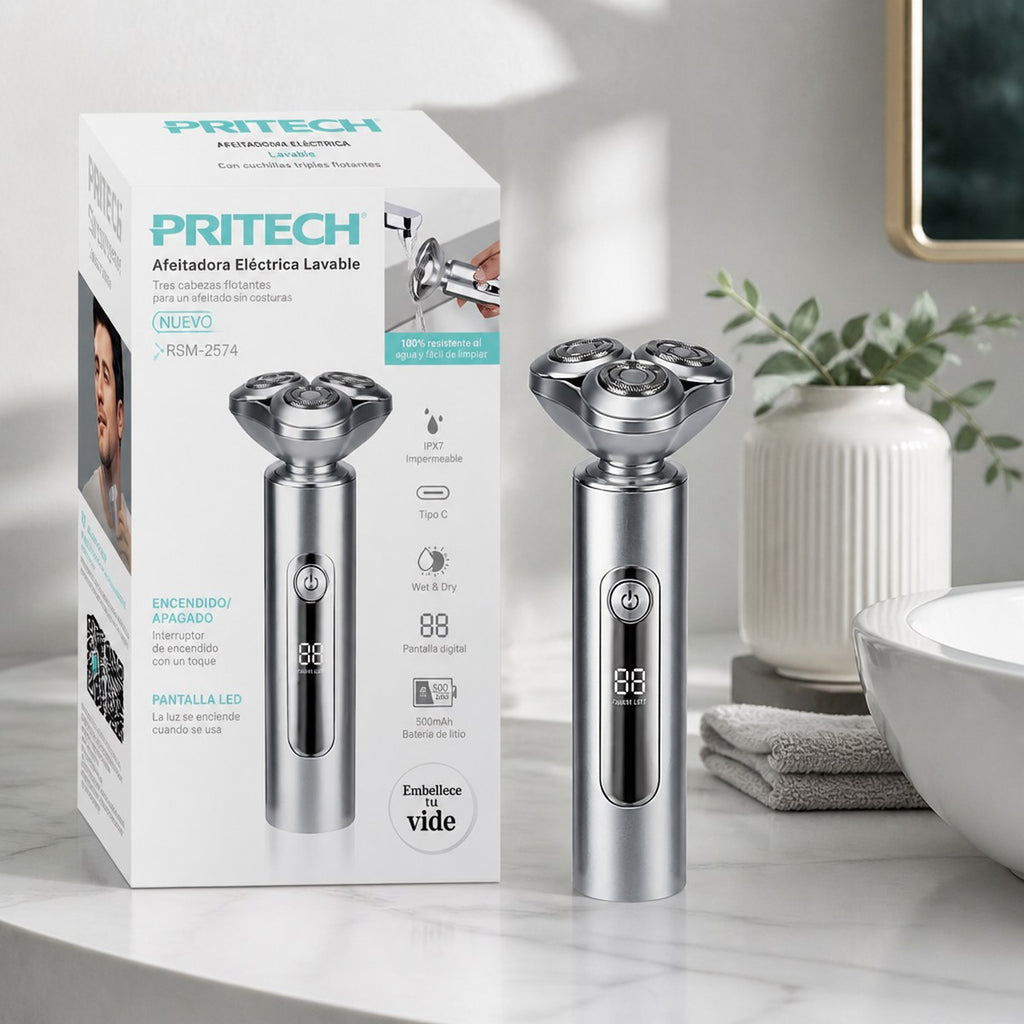 Elektrorasierer Pritech RSM-2574 abwaschbar | 3 schwimmende Scherköpfe | Digitalanzeige | Aluminium