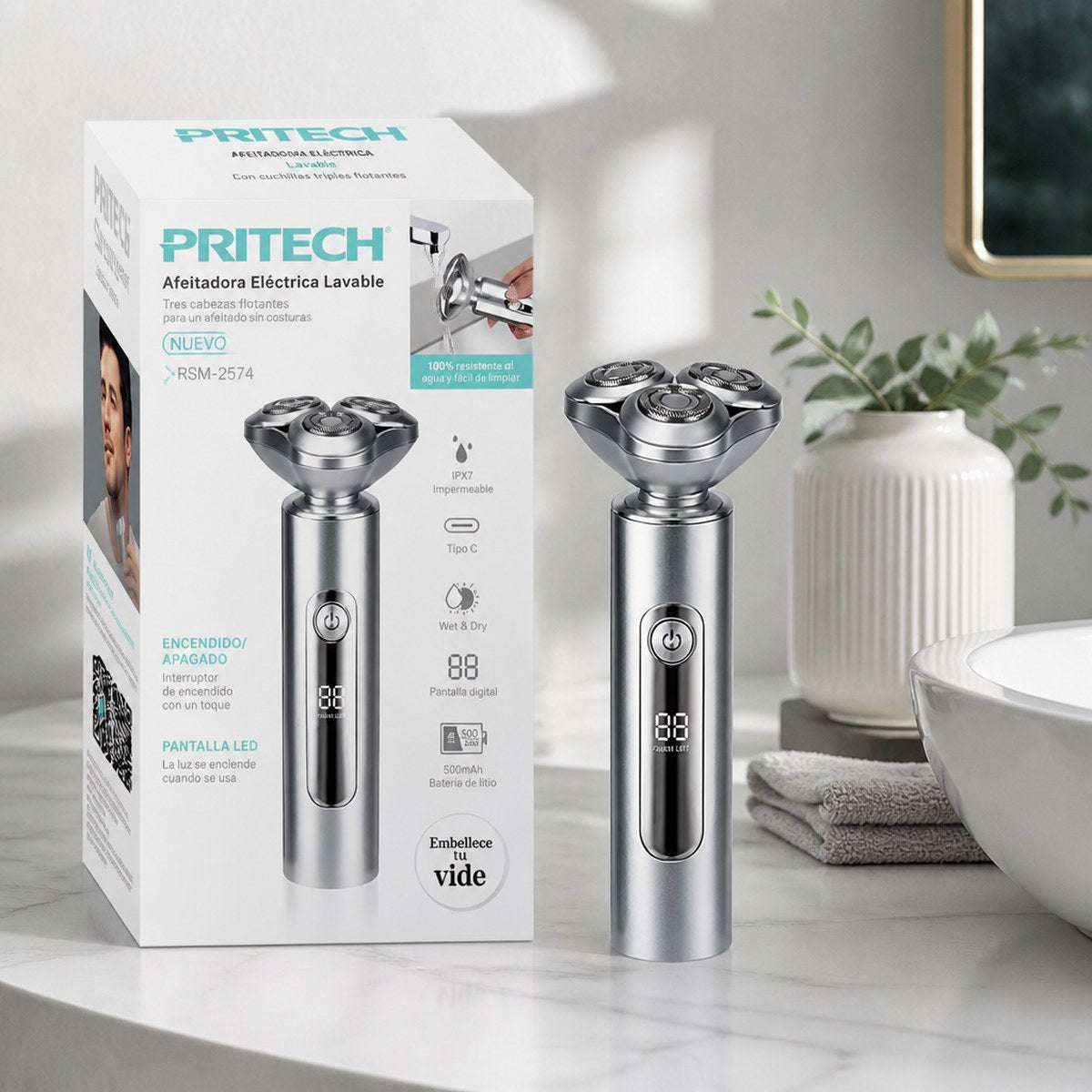 Elektrorasierer Pritech RSM-2574 abwaschbar | 3 schwimmende Scherköpfe | Digitalanzeige | Aluminium