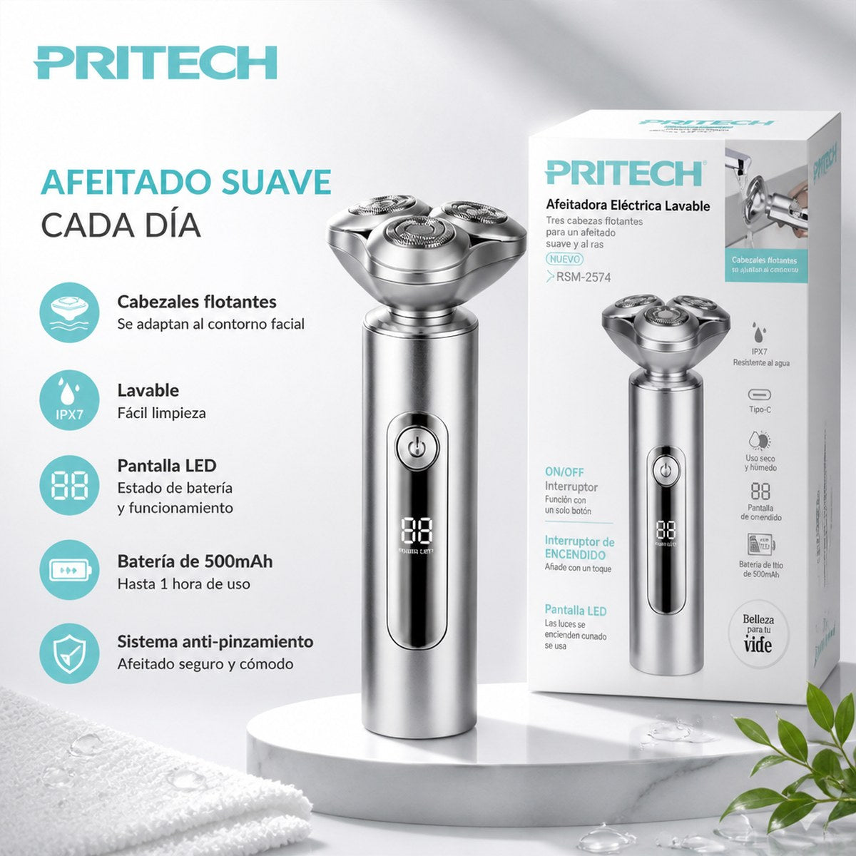 Elektrorasierer Pritech RSM-2574 abwaschbar | 3 schwimmende Scherköpfe | Digitalanzeige | Aluminium