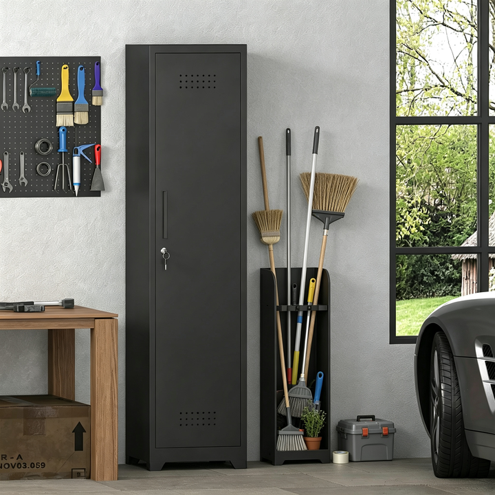 Gabinet de almacenamiento para limpieza de metal negro y esbelto con puerta cerradora, estantes y barra de colgado, organizador de utilidades de 65" de alto para cocina, despensa, oficina, taller y garaje