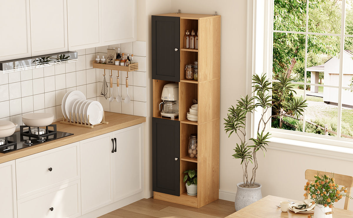 Armario de esquina para la cocina, armario alto con 6 estantes abiertos, 2 puertas y patas de empotramiento ajustables, armario de cocina estrecho para la cocina, comedor y salón, protección contra inclinación, 50x35,5x170 cm, Ántracita/Oca