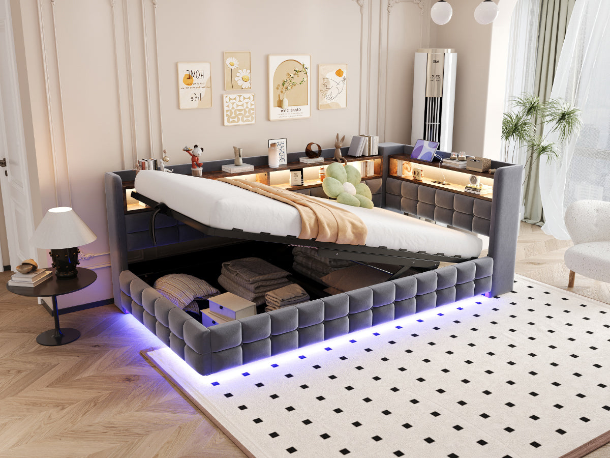 Sofa cama poltrona multifuncional 90 × 200 cm, con espacio de almacenamiento hidráulico, estante de madera, tira de luz LED, toma de corriente, conectores de carga USB y Type-C, soporte de armazón de madera, material de terciopelo gris oscuro