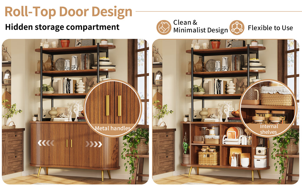 Gabinetto con puertas correderas y estante superior, estante abierto de 4 niveles, armario de cocina moderno con revestimiento de listas verticales, patas de metal doradas, armario de almacenamiento para comedor y salón, color oscuro
