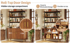Gabinetto con puertas correderas y estante superior, estante abierto de 4 niveles, armario de cocina moderno con revestimiento de listas verticales, patas de metal doradas, armario de almacenamiento para comedor y salón, color oscuro