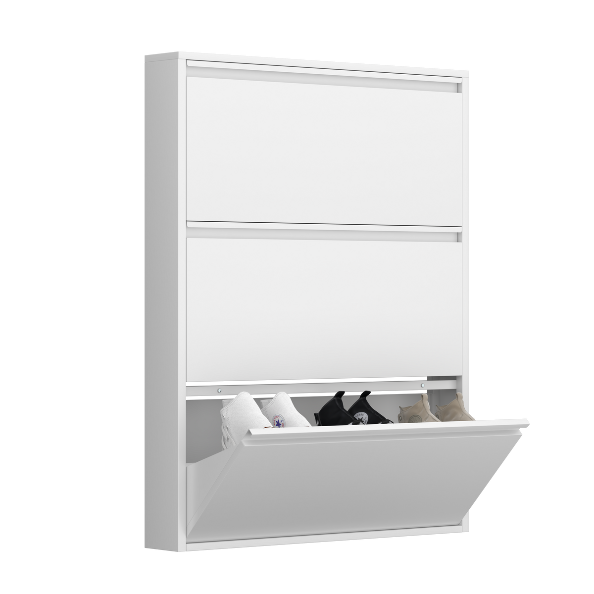 Gabinet de calzado de metal con 3 cajones volteables, organizador de calzado para la pared, estante de calzado escondido estrecho y delgado para el vestíbulo, blanco